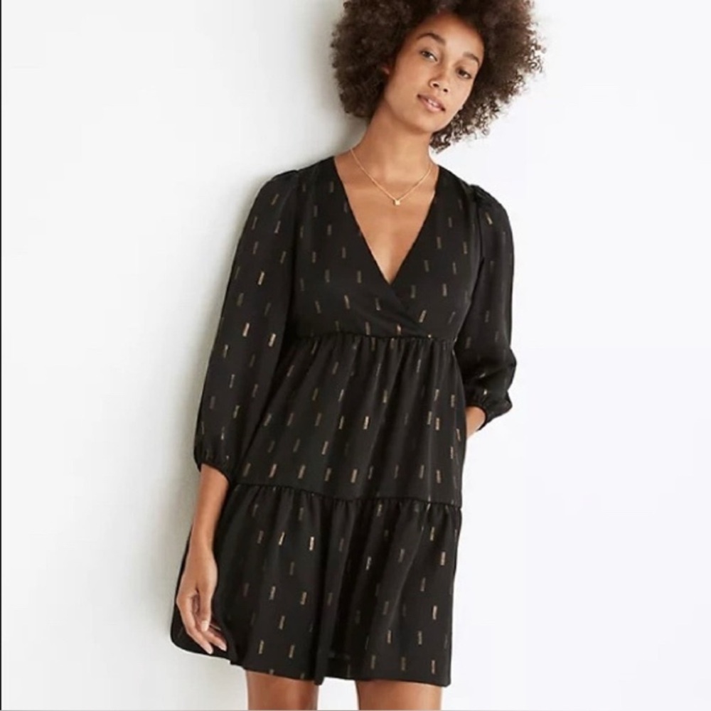Madewell Metallic Jacquard Faux-Wrap Tiered Holiday Mini Dress‎ XS